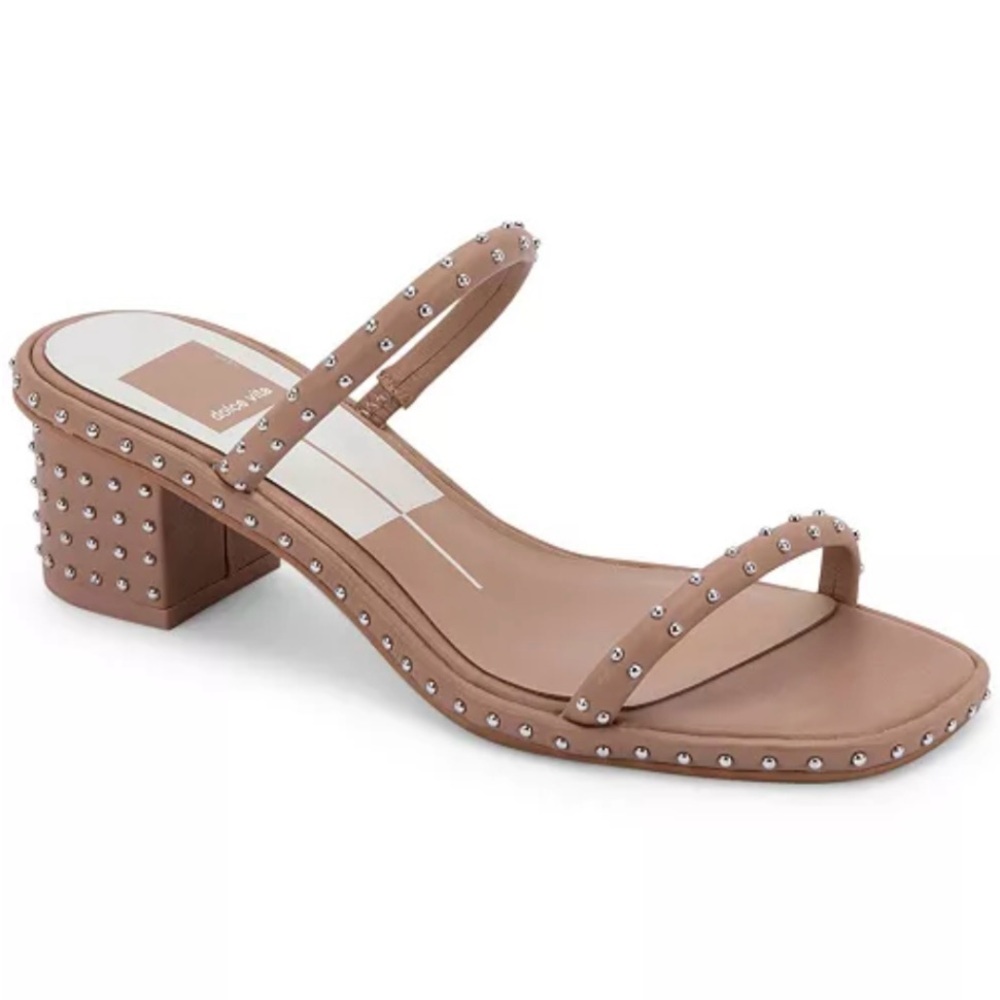 Dolce Vita Riya Studded Block Heel Sandals Nude Tan Vegan Leather Silver Studs